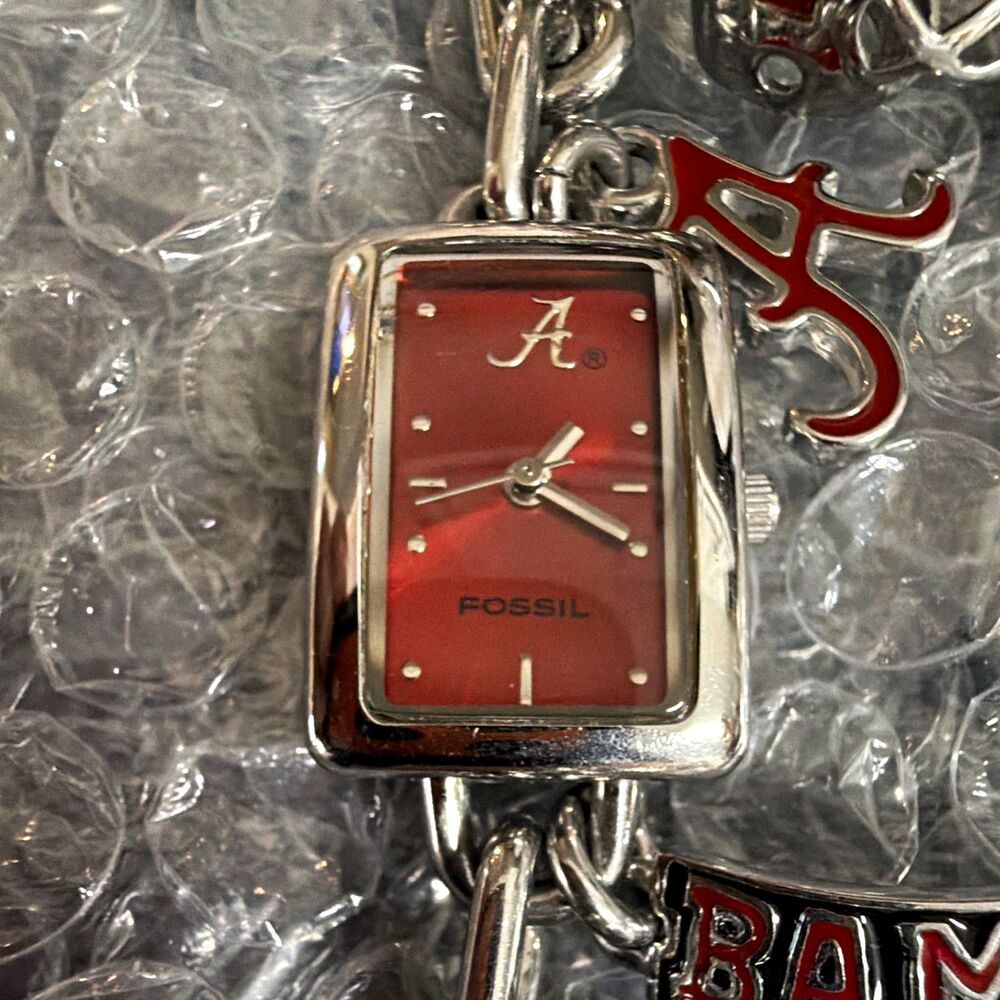 Vintage Fossil College Collection Women’sWristwatch Red Logo Dial Charm Bracelet